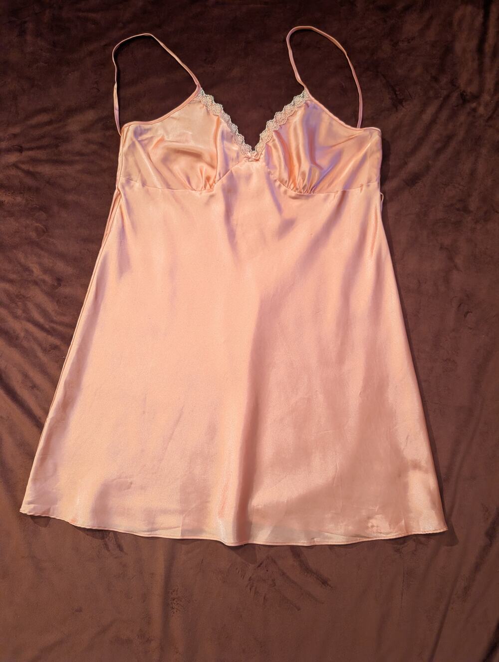 Vintage Adonna Peach Satin Lace Trim Slip Dress Chemise Nightgown XL